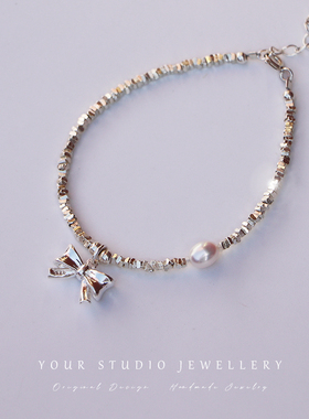 蝴蝶结少女通体纯银S925极细碎银子手链强光天然珍珠手串礼物女