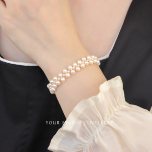 赫本轻奢名媛风纯手工编织强光天然淡水珍珠手链纯银925礼物女