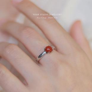 YOUR国风祥云纹手工锻造纯银天然玛瑙戒指可调节泰银复古礼物女