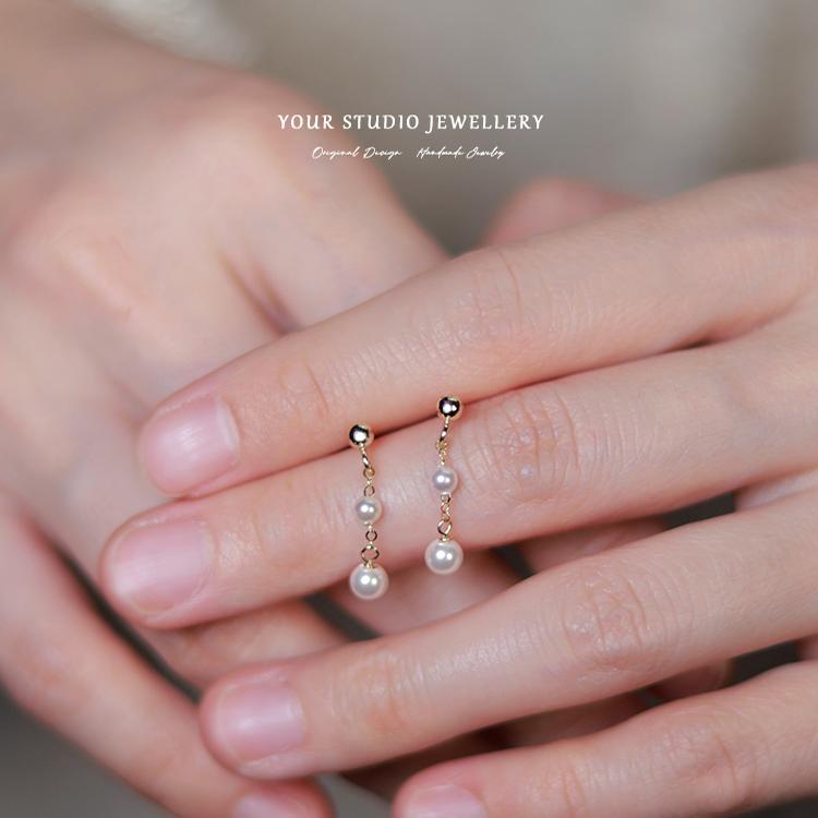 原创迷你极小正圆无暇强光珍珠耳饰纯银耳针美国14k包金气质女