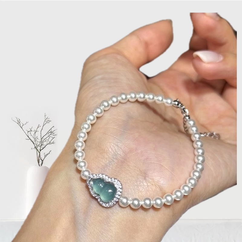 天然危料蓝水翡翠葫芦手链施家淡水珍珠s925银镶嵌新中式手串礼品