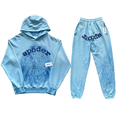 Sp5der 555555 Hoodies 经典蜘蛛网印花男女休闲连帽卫衣长裤套装