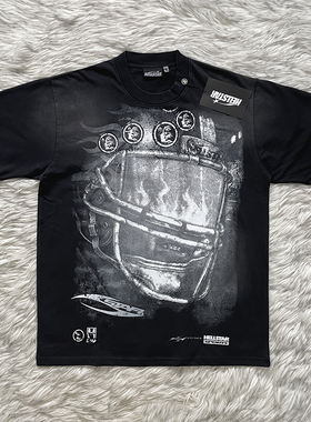 Hellstar Studios Gel Sport Logo tee火焰头盔印花黑色纯棉T恤