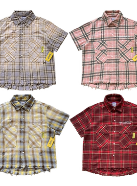 That's A Awful Lot of Cough Syrup复古毛边做旧格子衬衫短袖