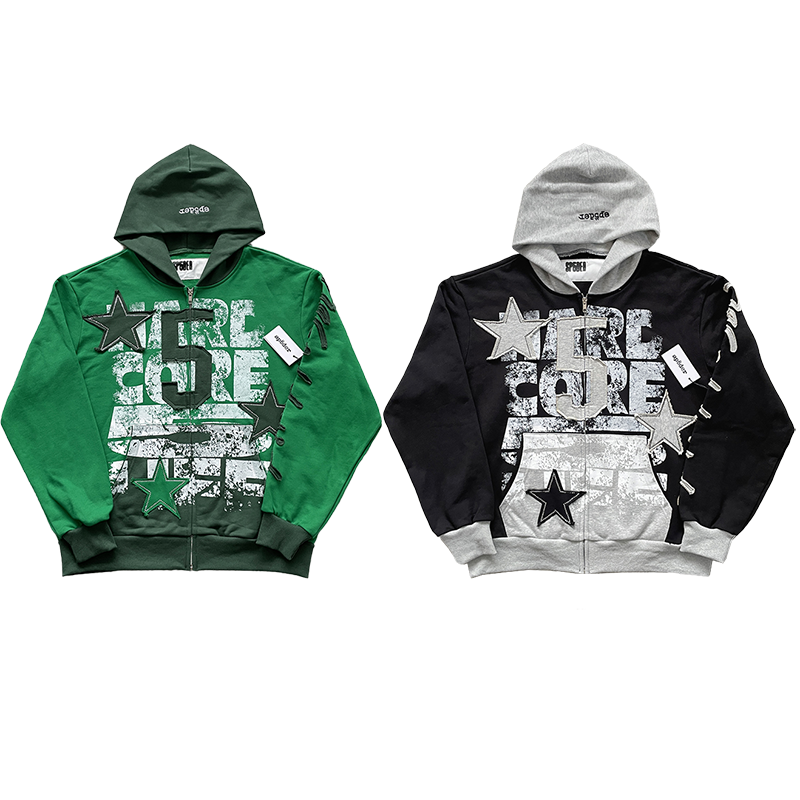 Sp5der worldwide 555555 烫钻刺绣美式开衫连帽卫衣