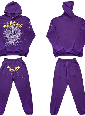 Sp5der 555555 Hoodies 经典蜘蛛网印花紫色休闲连帽卫衣长裤套装
