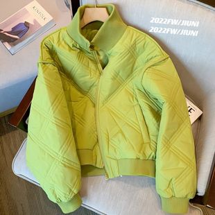 新款 绿色立领菱格小香风夹棉棉服外套女2022秋季 气质显白高级夹克