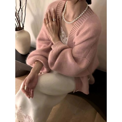 韩系复古慵懒风高级感针织开衫女春季新款宽松休闲百搭毛衣外套