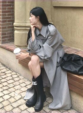 韩系高级感条纹风衣外套女2025秋季新款宽松系带中长款慵懒风大衣