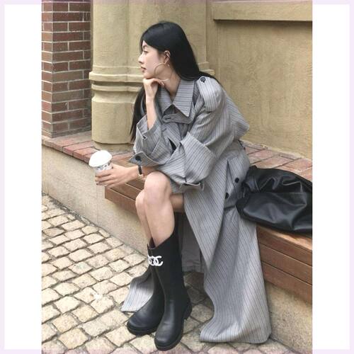 韩系高级感条纹风衣外套女2025秋季新款宽松系带中长款慵懒风大衣