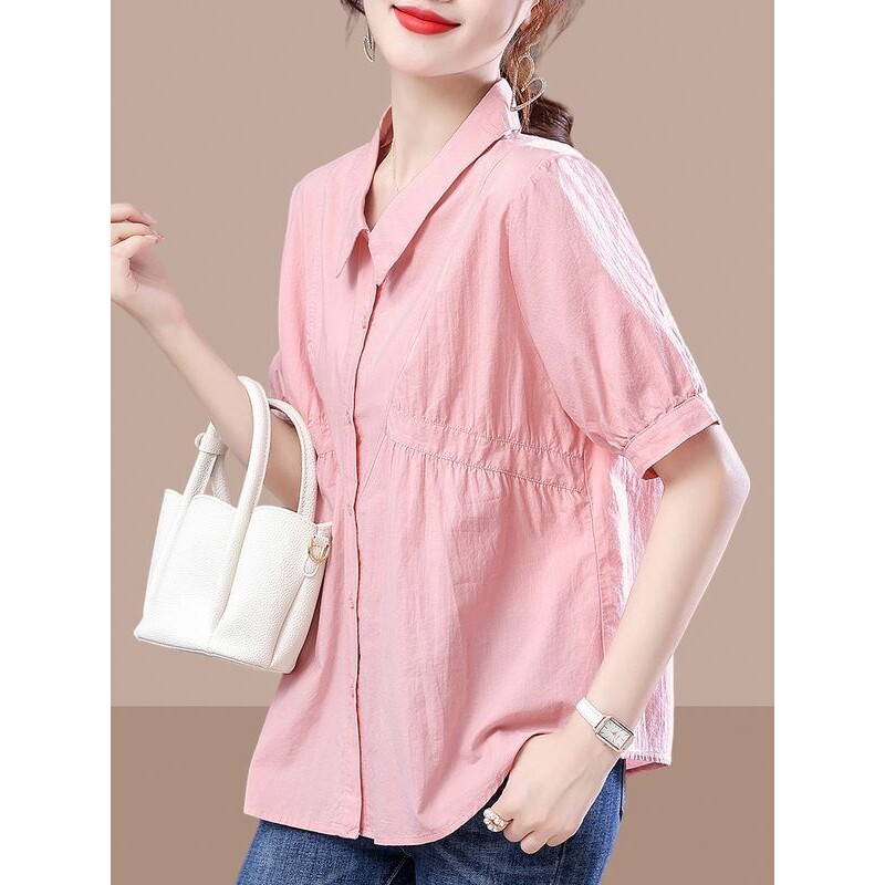 2024夏大码女装新款女士短袖衬衫雪纺遮肚子上衣小众洋气减龄气质 - 花街之暧出品