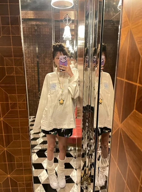 【MIMIHADID】白色长袖t恤套头宽松卫衣上衣圆领蓝色印花