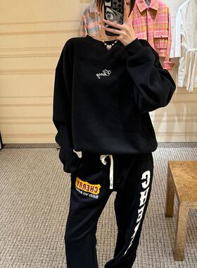 【MIMIHADID】刺绣卫裤黑色休闲裤加厚