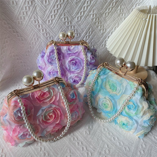 立体玫瑰花 凹腰大珠头口金名媛复古口金包中国风旗袍包时尚女包