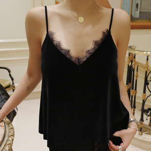 秋装新款女士吊带背心夏丝绒蕾丝衫睫毛韩版女装上衣打底宽松