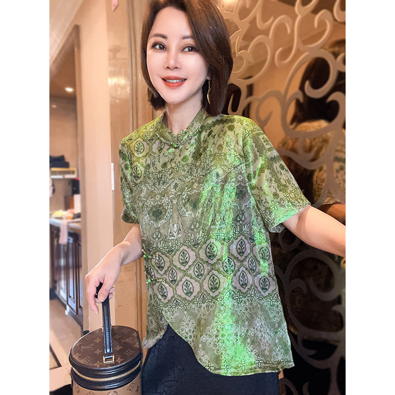 岑晨【绿影】桑蚕丝新中式国风斜襟立领衬衫精致百搭女装上衣