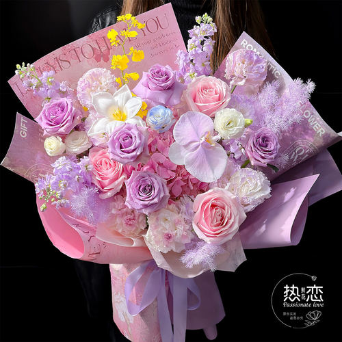 紫玫瑰蝴蝶兰生日鲜花束同城速递