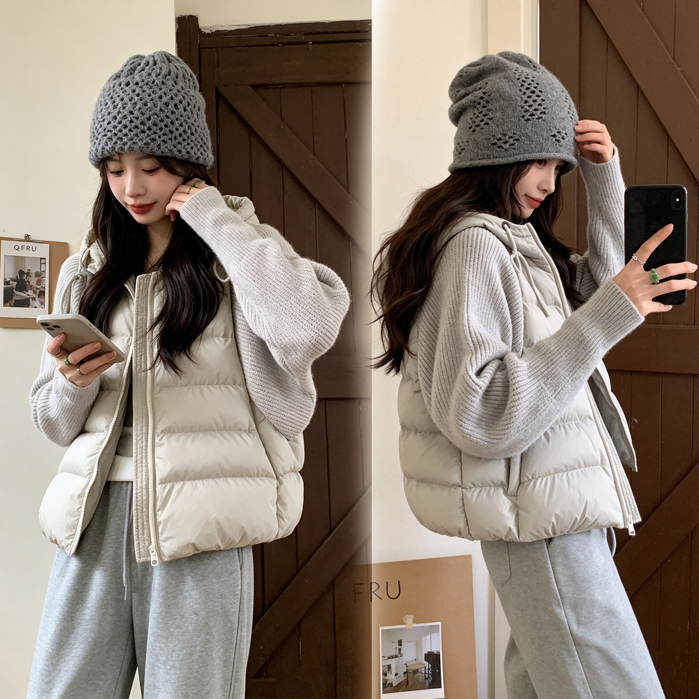 2026年新款轻薄连帽棉服女短款针织拼接韩版宽松棉袄外套冬季棉衣