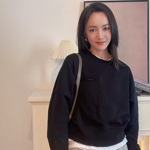 文希WENXI新款圆领美式复古卫衣宽松套头上衣女春秋爆款时尚短款