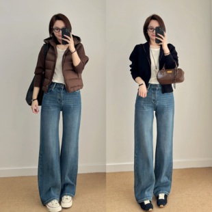 文希WENXI【保暖又好看】垂感四面弹加绒复古蓝宽松阔腿牛仔裤女