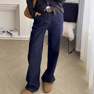 【复古丹宁原色牛仔】新款薄绒深蓝色高腰牛仔裤休闲直筒阔腿裤女
