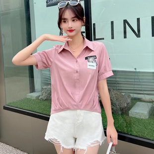 女式休闲衬衫短袖夏季高腰百搭上衣甜美学生显瘦小衫套头简约气质