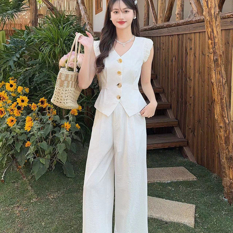 V领修身无袖衬衫上衣T女式夏白色休闲长裤子甜美气质时尚高级套装