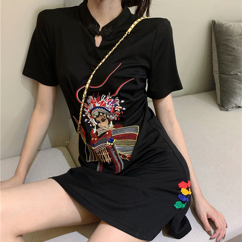复古中国风刺绣开叉裙子女装新款2019夏季气质显瘦连衣裙旗袍短裙10月18日最新优惠