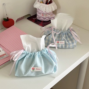 2025新款蓝色格子抽绳纸巾袋ins风抽纸袋家居韩系氛围感纸巾盒