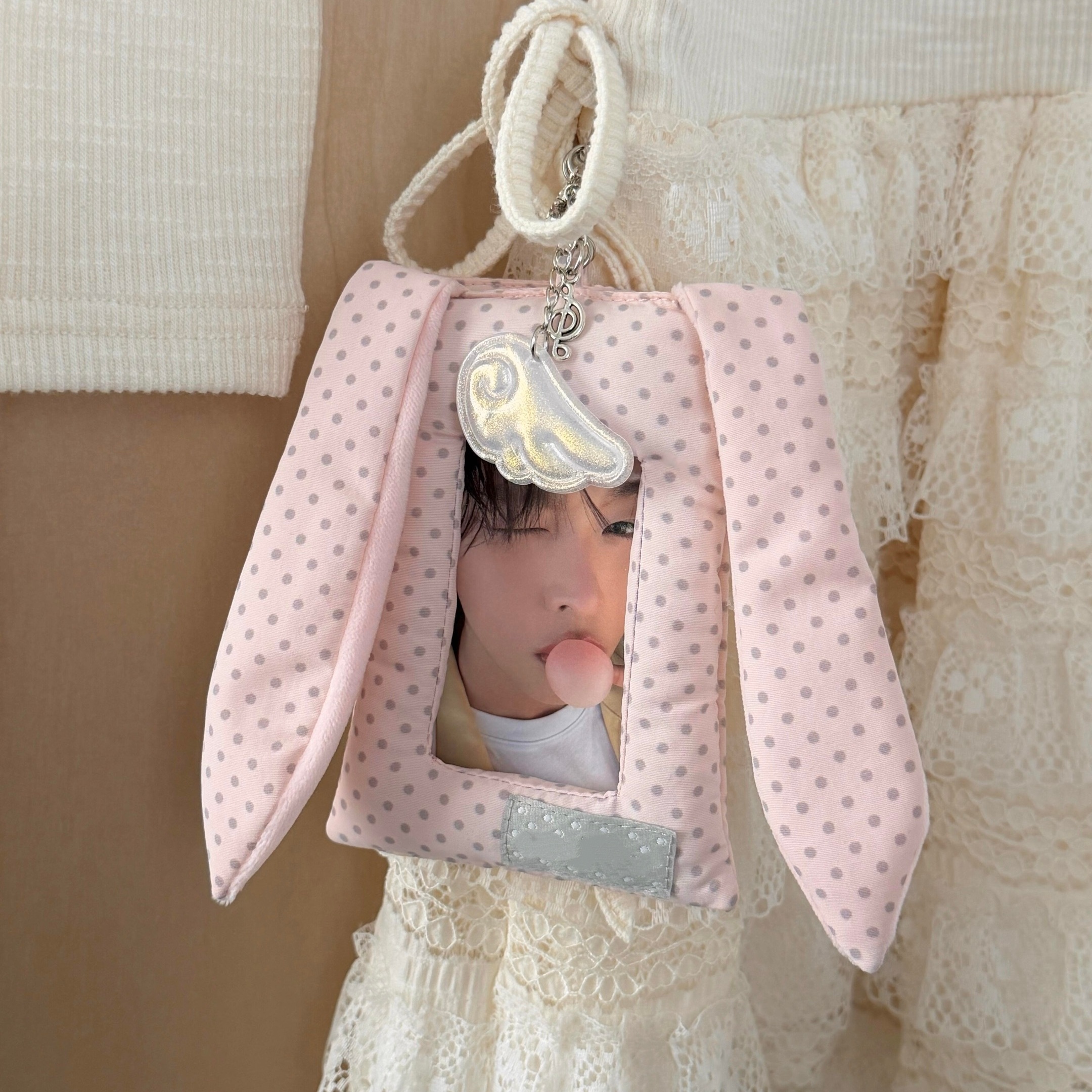 韩系波点粉色兔耳朵卡套ins追星