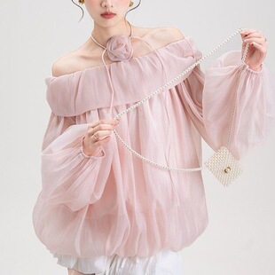 2026年春季新款粉色一字肩气质长袖雪纺衬衫女微透花苞上衣配花朵