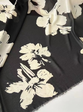 黑色底白色手绘素雅印花雪纺时装面料 夏黑白大花连衣裙衬衫布料