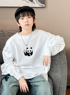 男童长袖T恤2025秋季新款儿童卫衣中大童熊猫上衣白色百搭打底衫