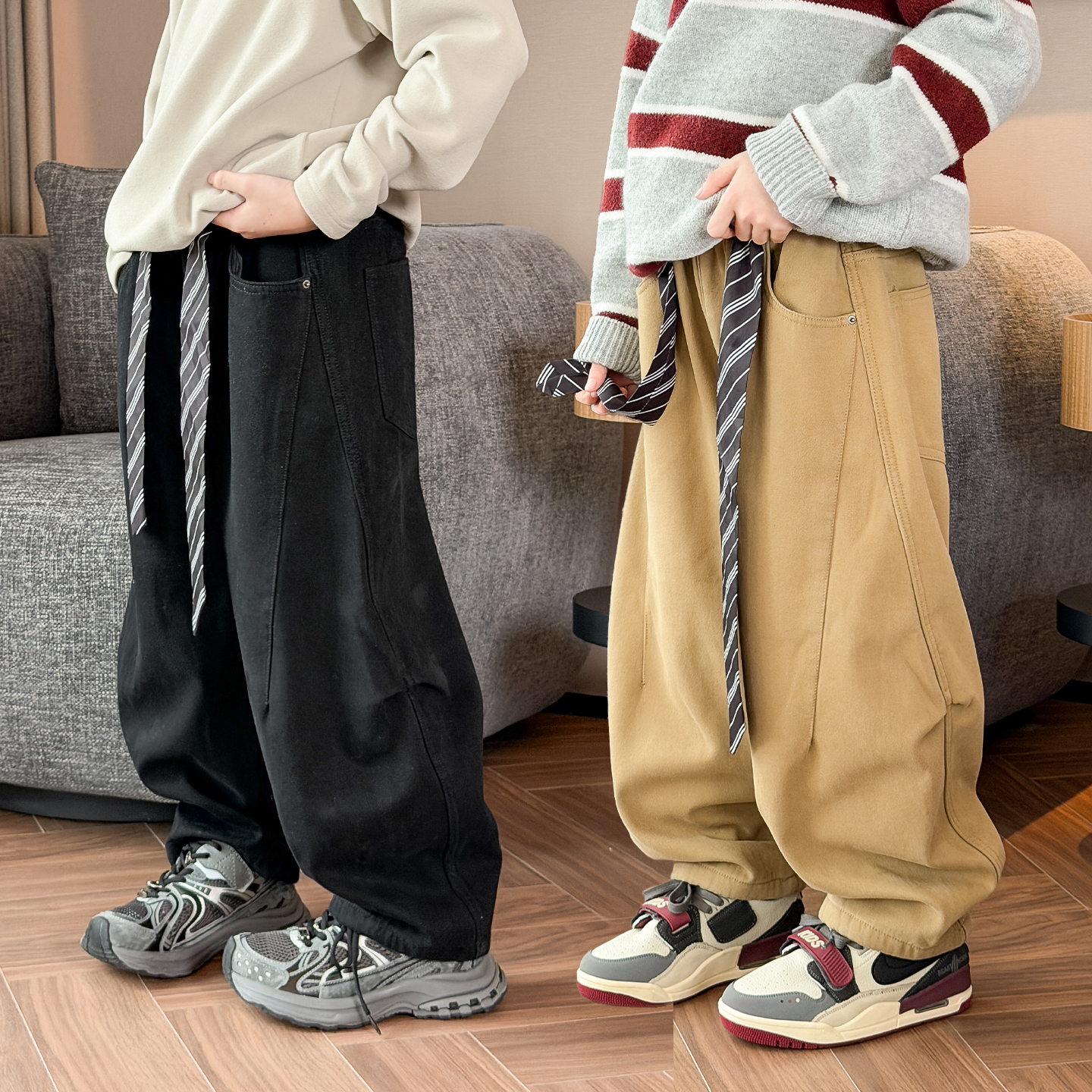 男童加绒裤子2025冬装新款中大童休闲裤弯刀裤儿童一体绒工装裤