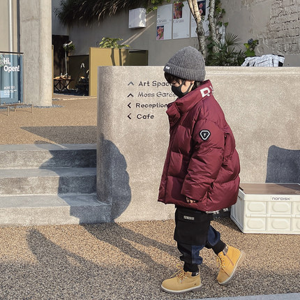 男童羽绒服2021新款洋气中大童炸街潮牌中长款酒红色儿童冬装外套
