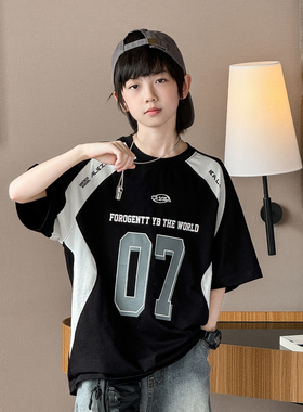 男童短袖T恤2026夏季新款儿童美式运动风上衣中大童拼接潮流半袖