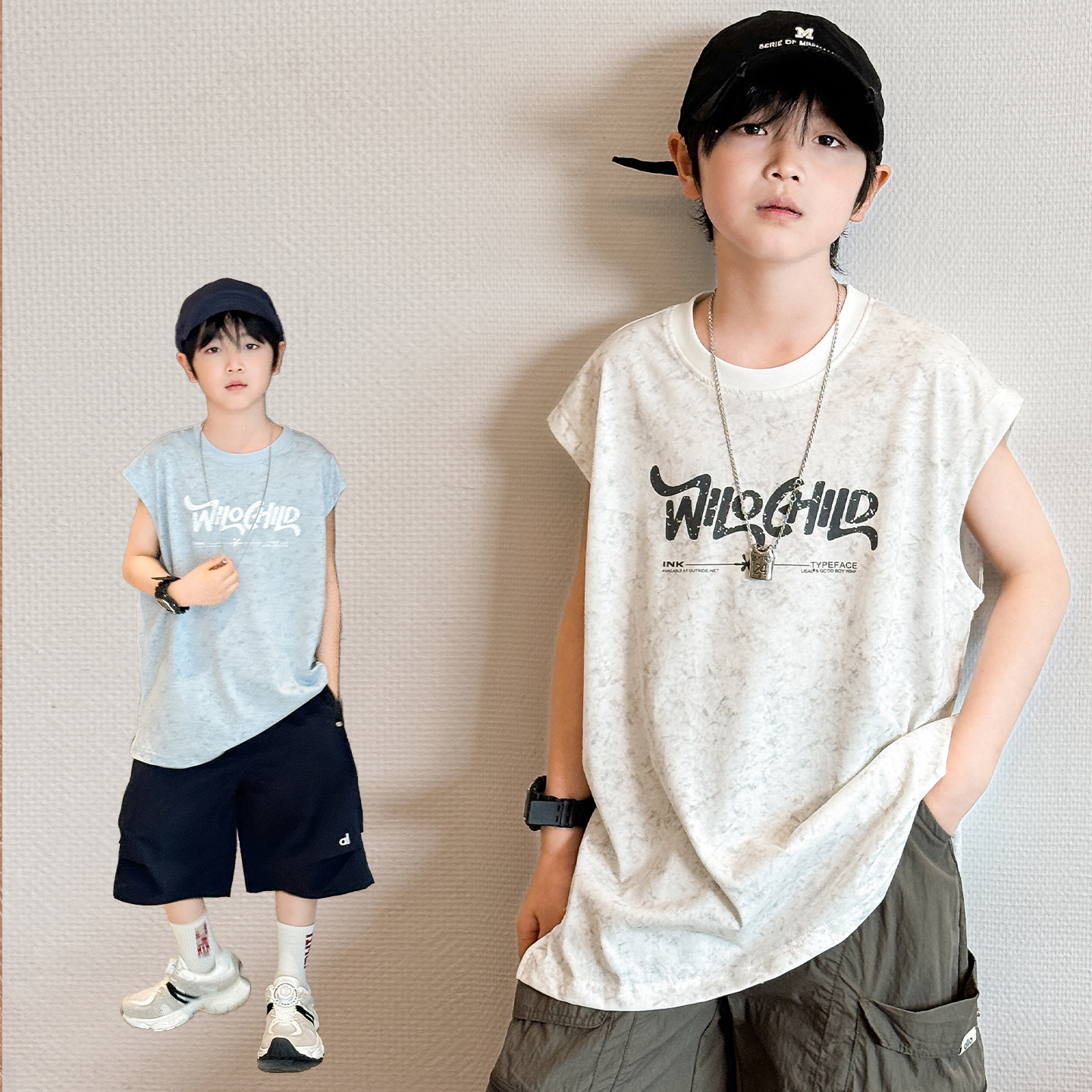 男童背心2025夏季新款儿童装字母印花无袖打底衫中大童扎染上衣