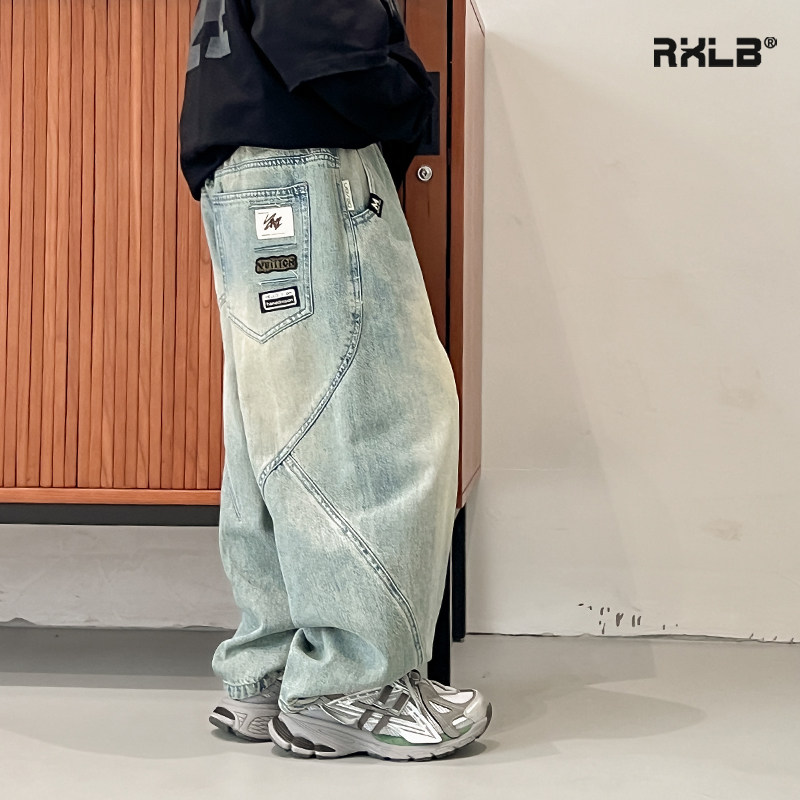 男童春装2025新款儿童个性拼接牛仔裤中大童儿童装浅色弯刀老爹裤