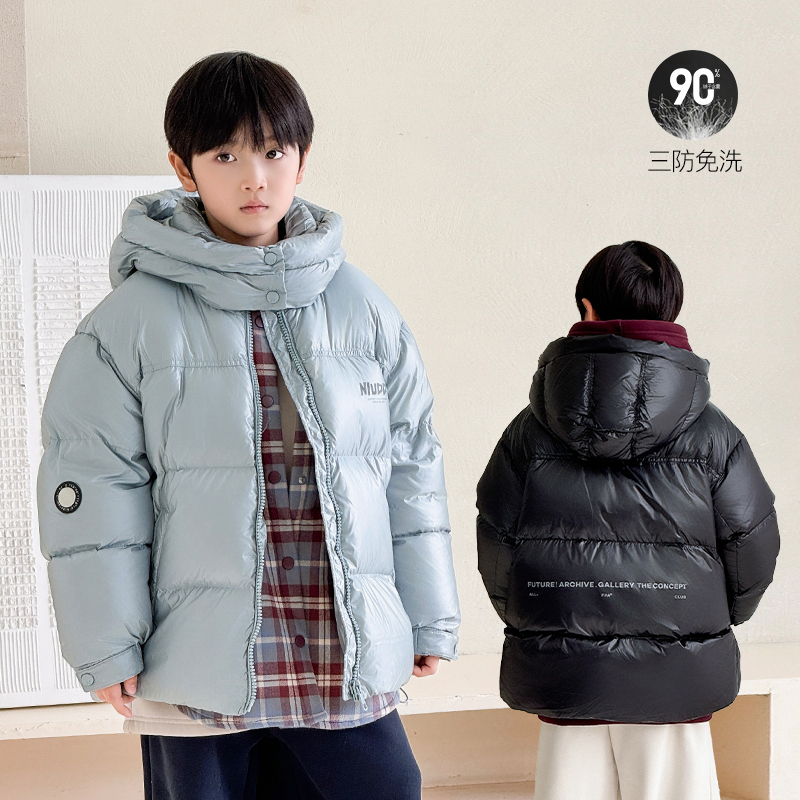 儿童泡芙羽绒服男童防水宽松连帽外套青少年加厚白鸭绒上衣潮