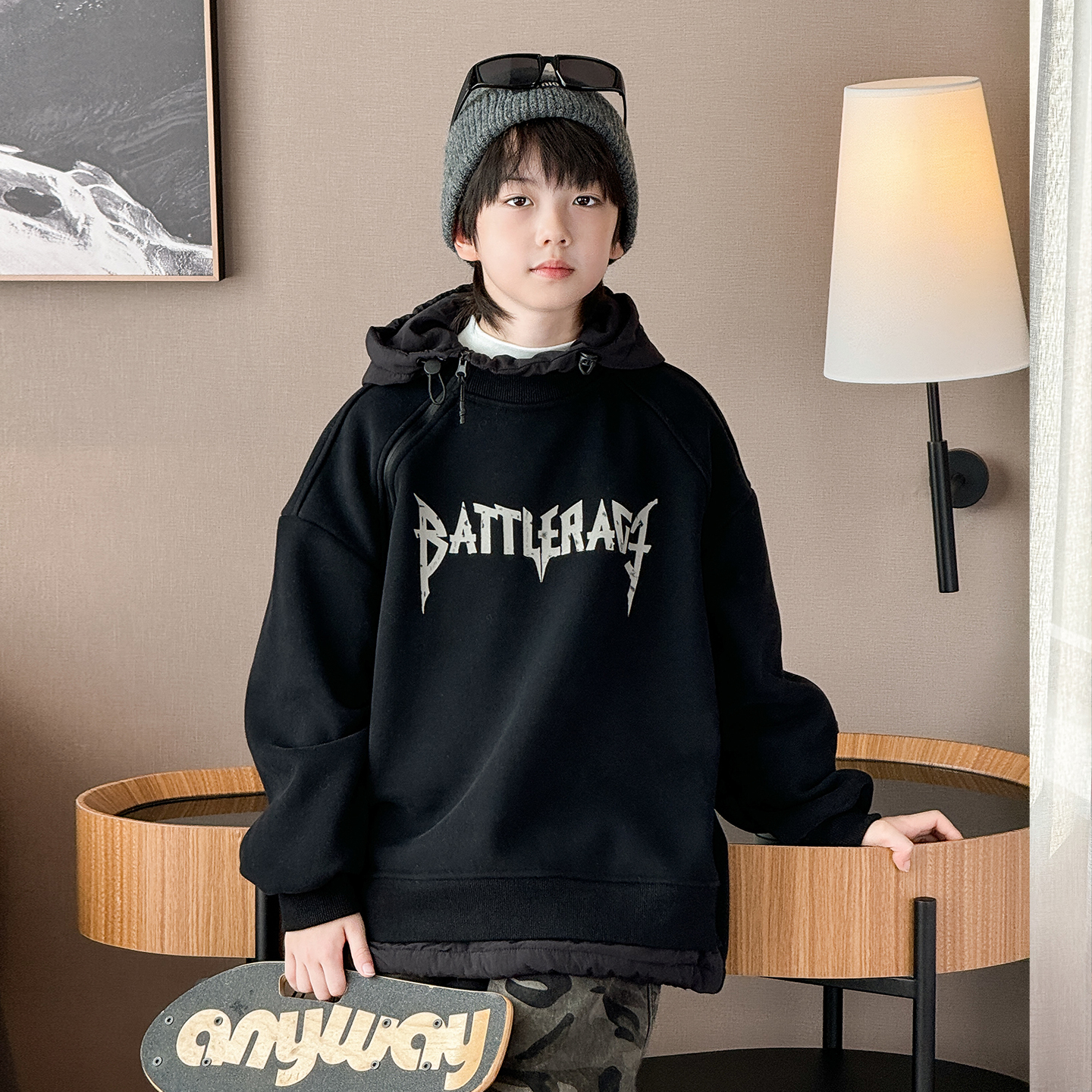 男童加绒卫衣2025冬装新款一体绒儿童外套加厚连帽中大童套头上衣