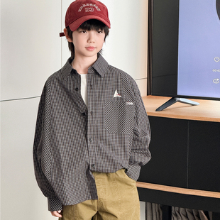 男童长袖衬衫2025秋季新款儿童黑白小格子衬衣中大童潮牌上衣外套