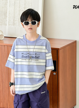 男童夏装2025新款儿童装紫色条纹短袖T恤衫中大童半袖圆领打底衫