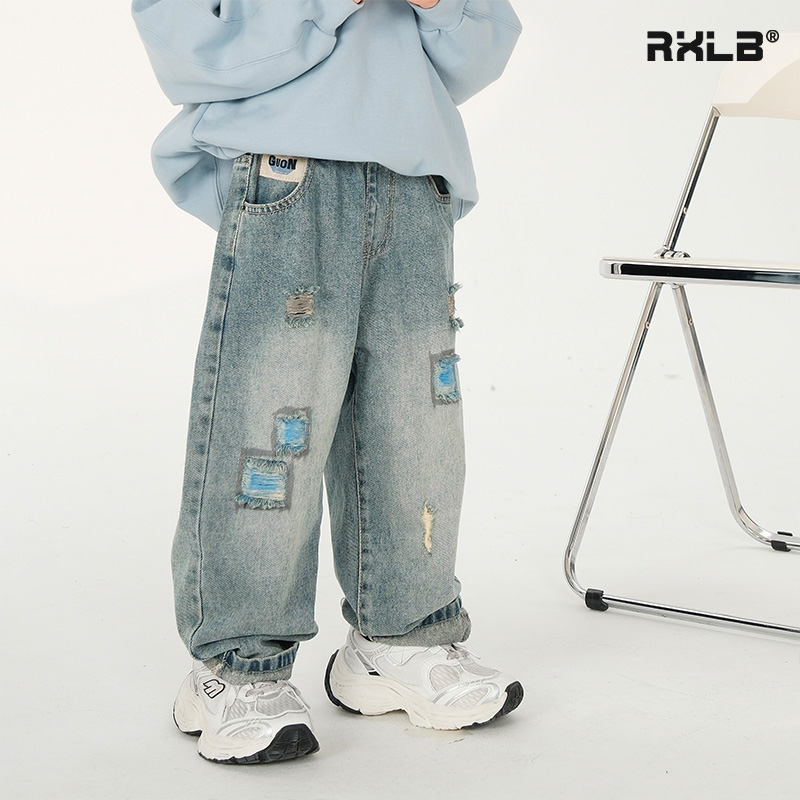儿童彩绘破洞牛仔裤个性长裤男童春夏裤子潮童装水洗蓝休闲老爹裤