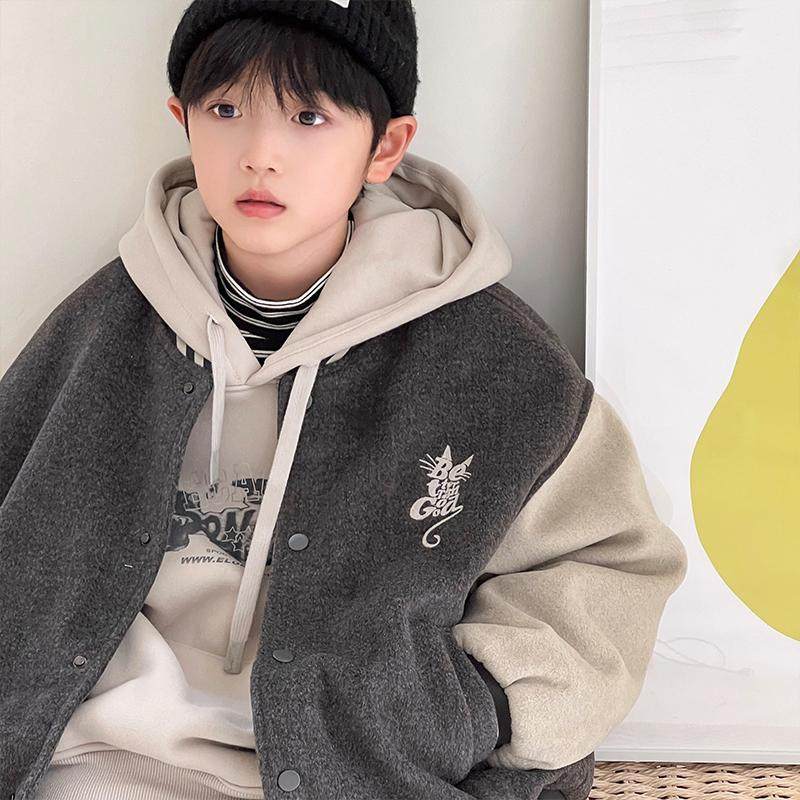 童装冬装新款男童韩版夹棉毛呢棒球服青少年绣花夹克棉服外套