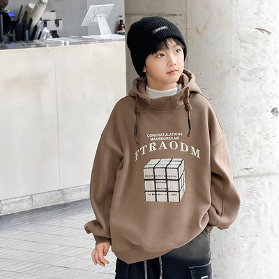 男童加绒卫衣新款高领连帽儿童一体绒加厚上衣青少年洋气外套