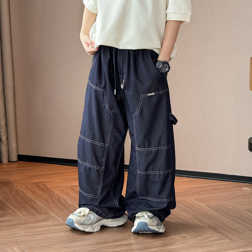 儿童深蓝阔腿牛仔裤男童休闲裤2026夏季新款个性拼接长裤防蚊裤薄