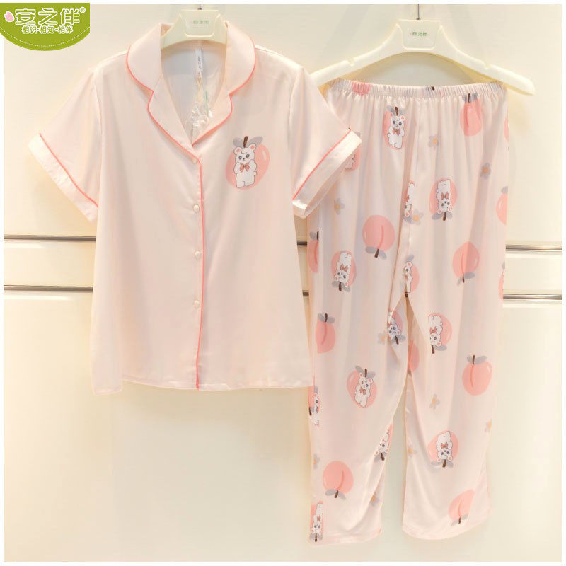 安之伴夏季女睡衣2023新款冰丝印卡通甜美短袖仿真丝长裤家居服套