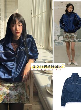 韩国直邮代购edenik缎面丝光蓝立领帅气工装服派克风衣外套夹克