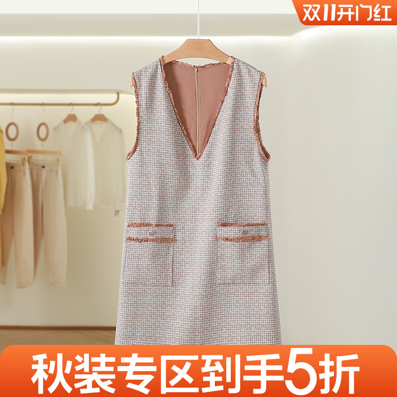 文●亚麻无袖小香风连衣裙气质流行长裙2023秋季新款专柜撤柜女装