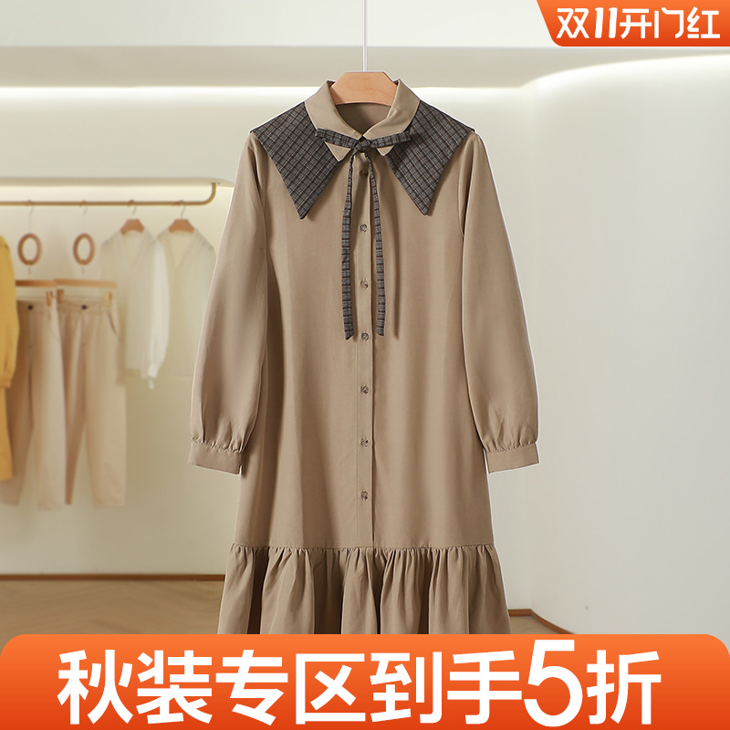 头部【C】亚麻长袖翻领格纹连衣裙百搭荷叶边长裙2023秋专柜撤